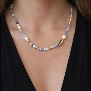 Vintage Beautiful blue Violet Gold Beach Shell Necklace Natural Gemstones 20 In